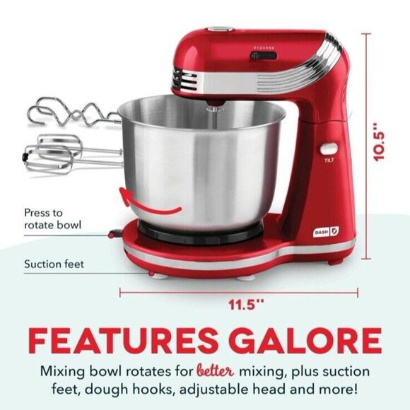 Red Stand Mixer Dash 6 Speed Baking Mixer with 3 QT Stainless Steel Mixing Bowl - Picture 6 of 7